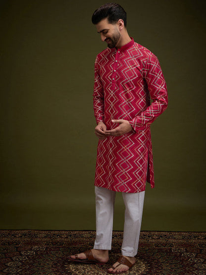 Anouk Red Chevron Embroidered Gotta Patti Mandarin Collar Pure Cotton Straight Kurta