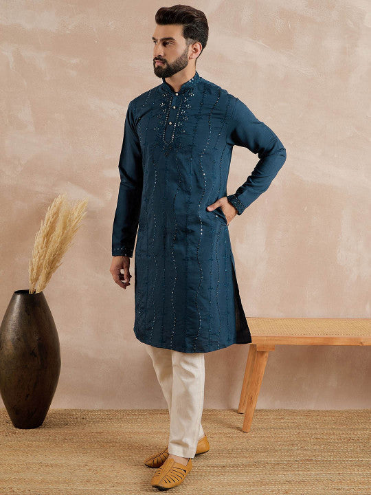Anouk Floral Embroidered Mandarin Collar Mirror Work Straight Kurta