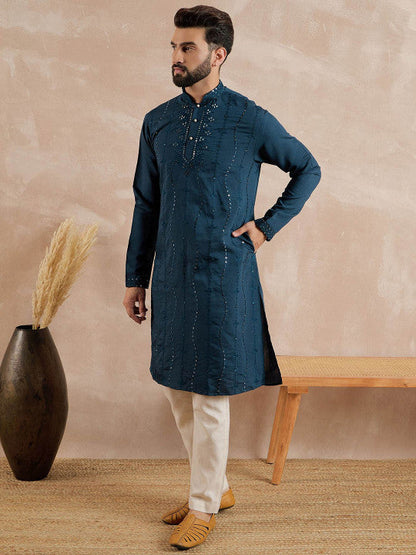 Anouk Floral Embroidered Mandarin Collar Mirror Work Straight Kurta