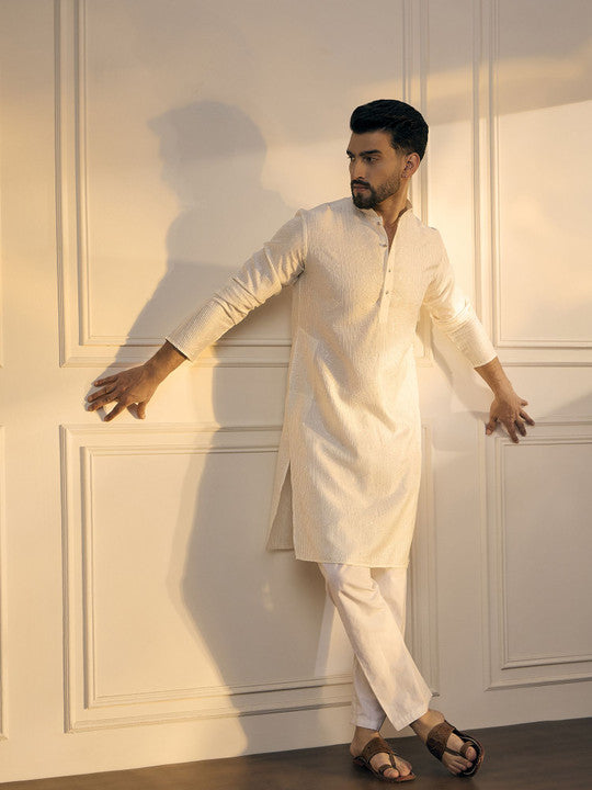 Anouk White Striped Embroidered Sequinned Mandarin Collar Straight Kurta