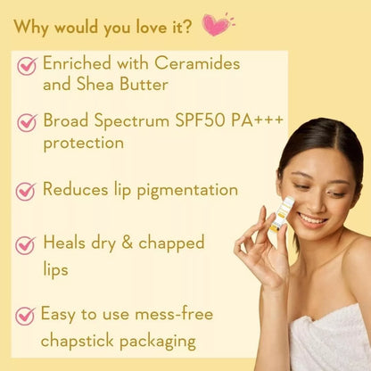 WishCare Ceramide Lip Balm with SPF50 PA++ – Moisturizing & Lightening Formula with Kojic Acid (5g)