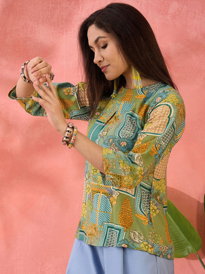 Sangria Printed Round Neck Top