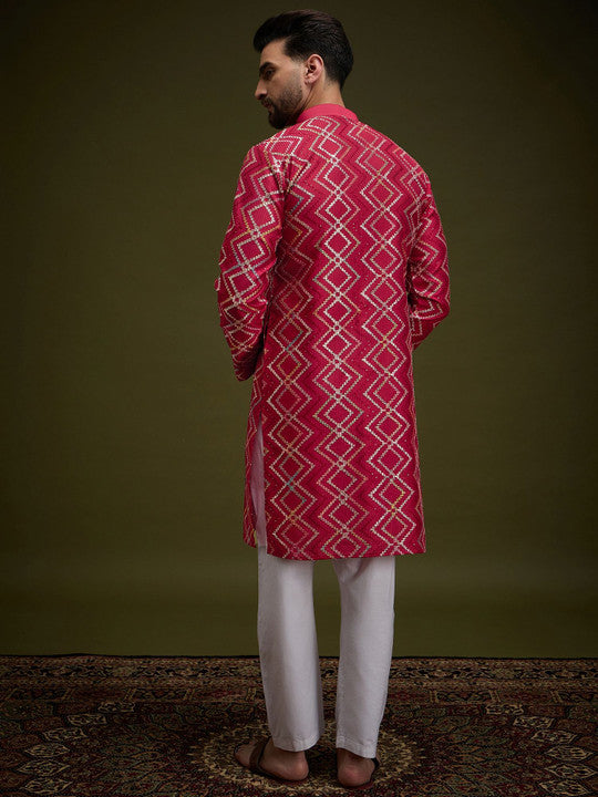 Anouk Red Chevron Embroidered Gotta Patti Mandarin Collar Pure Cotton Straight Kurta