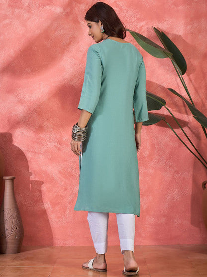 Sangria Floral Embroidered Round Neck Straight Kurta